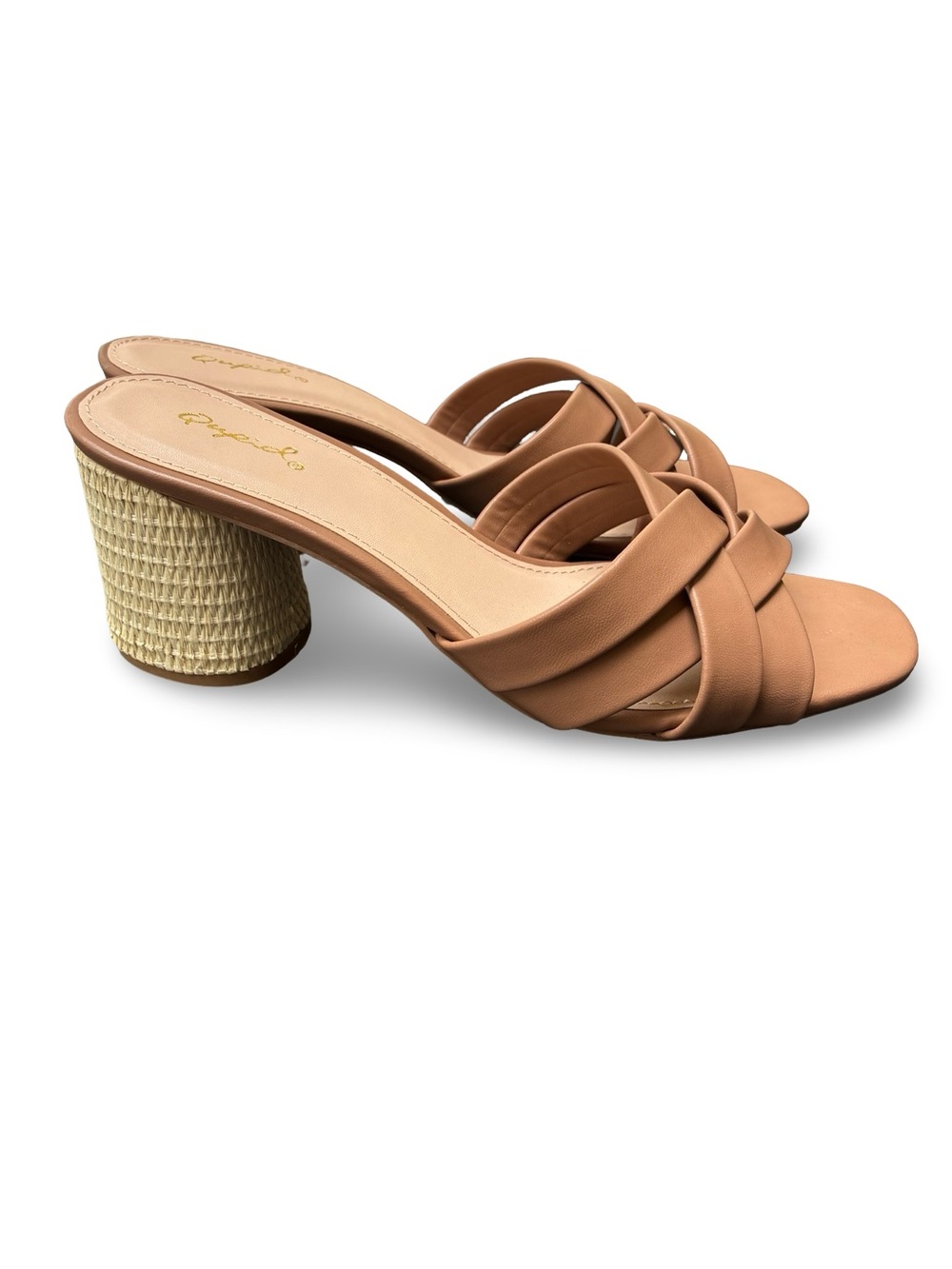 Qupid Tan Braided Strap Block Heel Mules